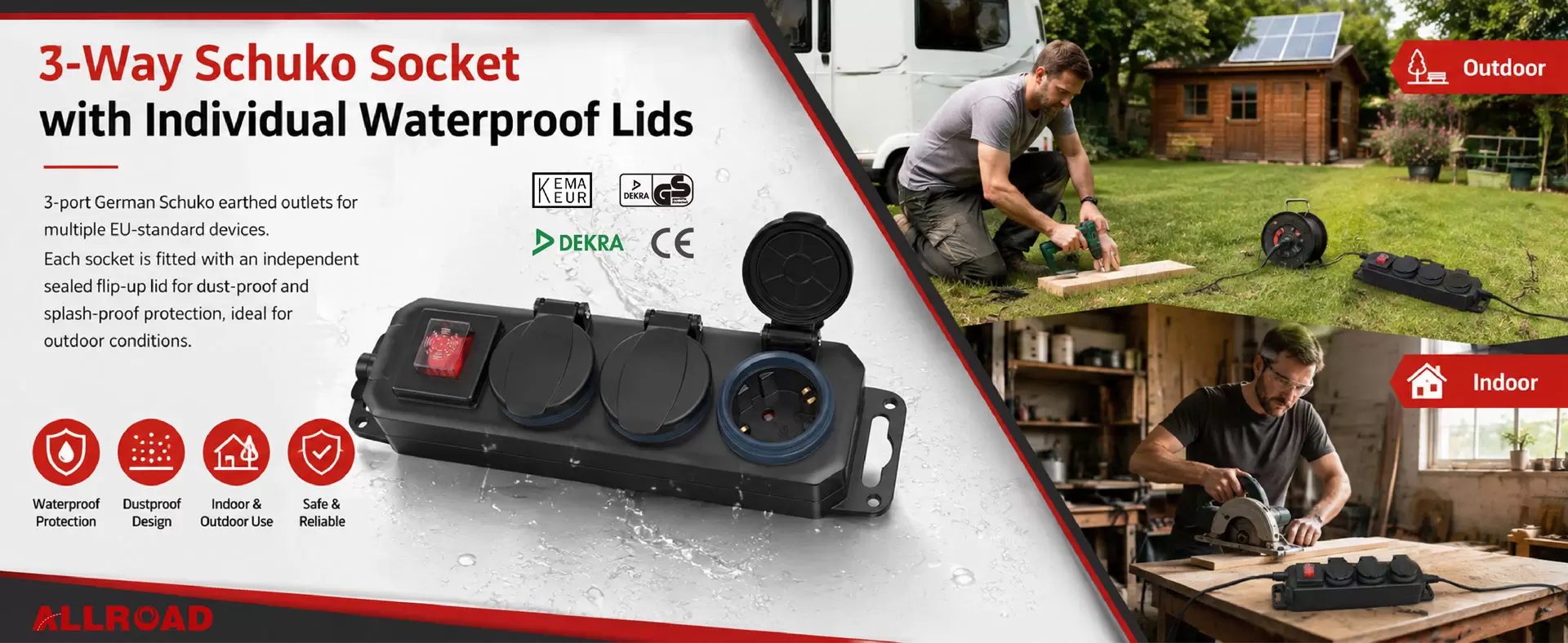 Multiprise extérieure ALLROAD IP44 prise 3 voies de type allemand avec interrupteur