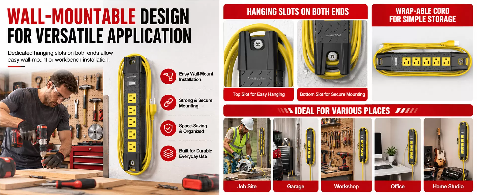 AweltecPro Protection contre les surtensions en métal à 6 prises pour atelier de garage