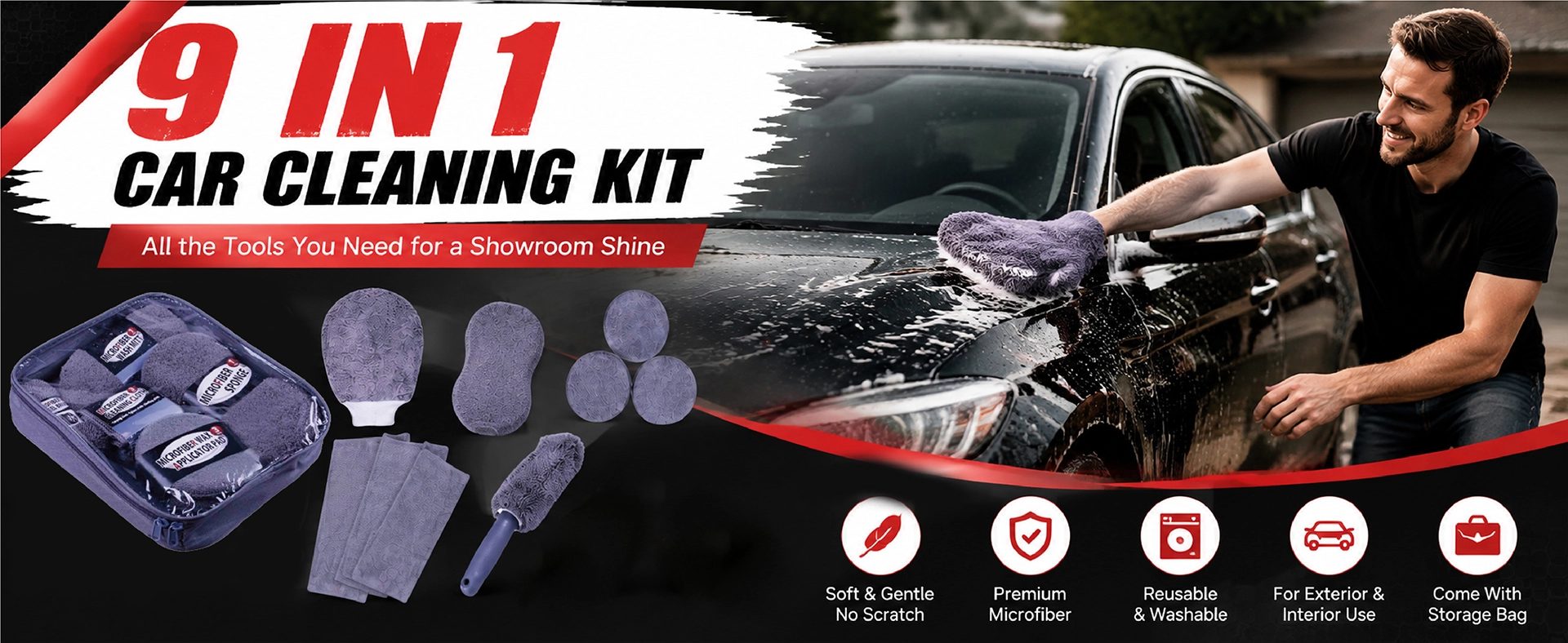 ALLROAD Kit d'entretien de voiture 9 pièces, gant de lavage en microfibre, brosse de roue et 3 tampons de cire