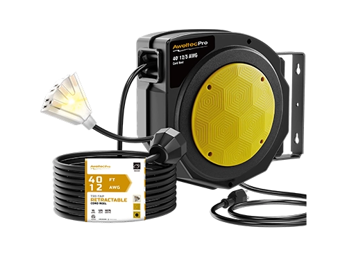 Enrouleur de rallonge r&eacute;tractable AweltecPro de 40 pieds, 12/3 AWG, homologu&eacute; ETL